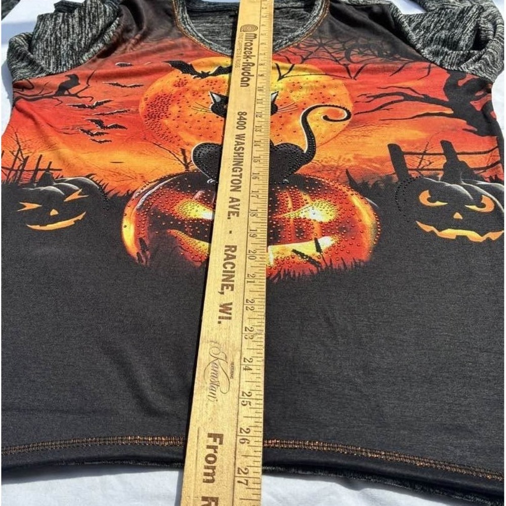 Onque Casual Halloween Black Cat Pumpkin Rhinestone Top Size L Grey Orange Black - Picture 10 of 14